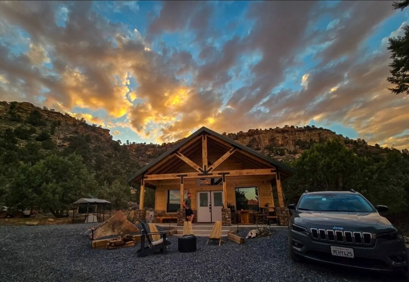 Little Creek Mesa Cabin exterior at sunset
