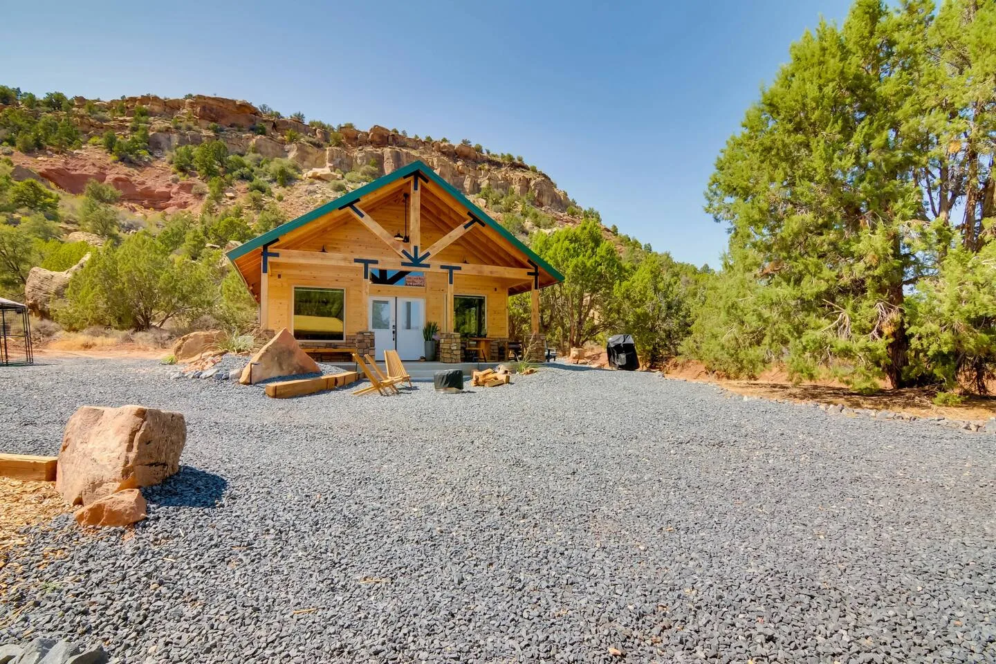 Little Creek Mesa Cabin exterior at sunset