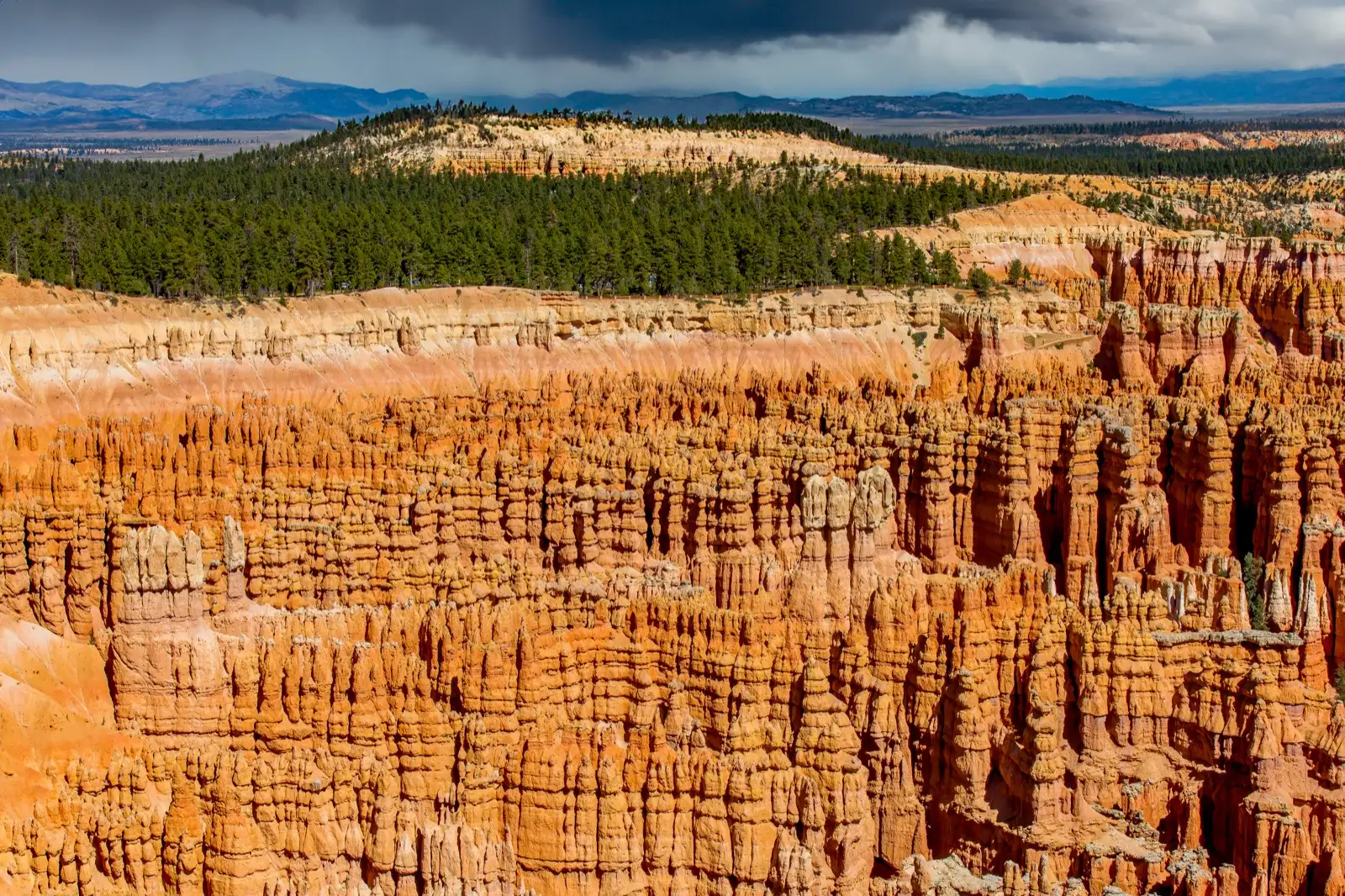 Storm clouds gather over the Bryce Canyon hoodoo amphitheater