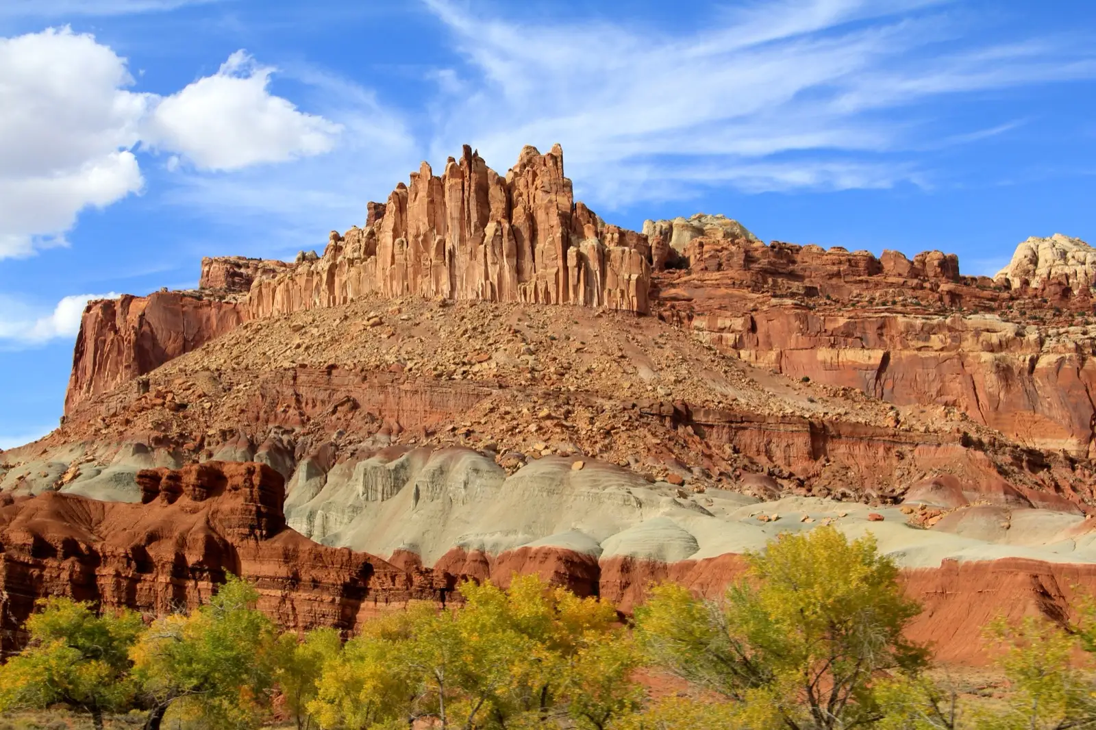 The Castle formation rising above eroded red rock layers in Capitol Reef National Park