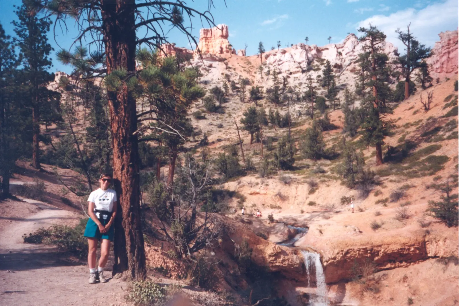 Mossy Cave's small waterfall tumbling over orange Bryce rock with hoodoos on the ridge above