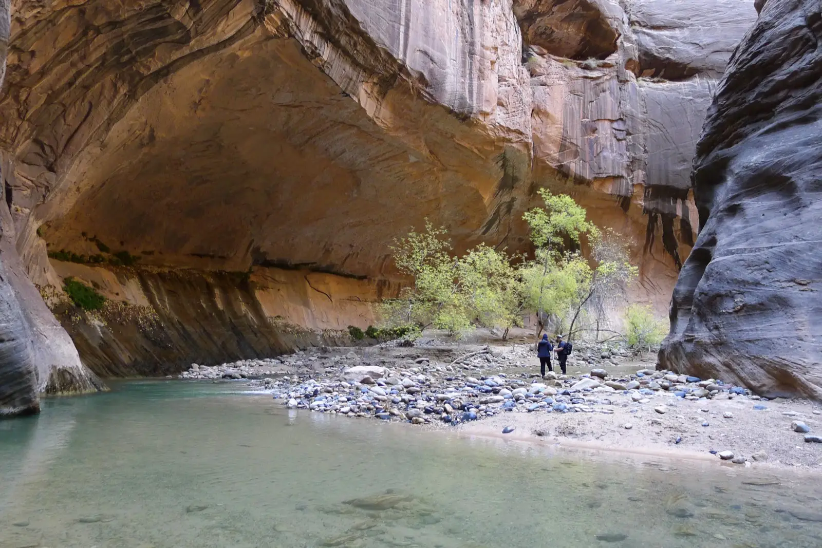 Hikers wading the Virgin River between The Narrows' towering canyon walls