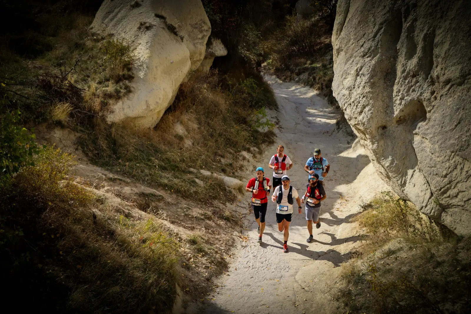 Trail runners moving through a desert canyon during a race