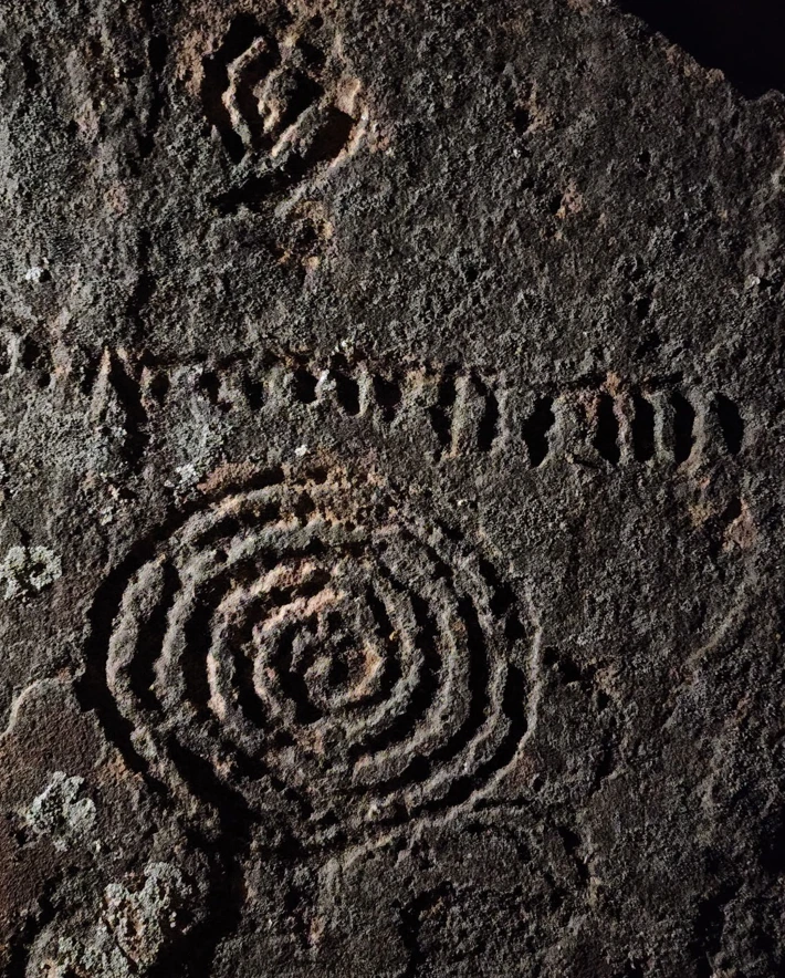 Ancient petroglyphs carved into red sandstone on the property